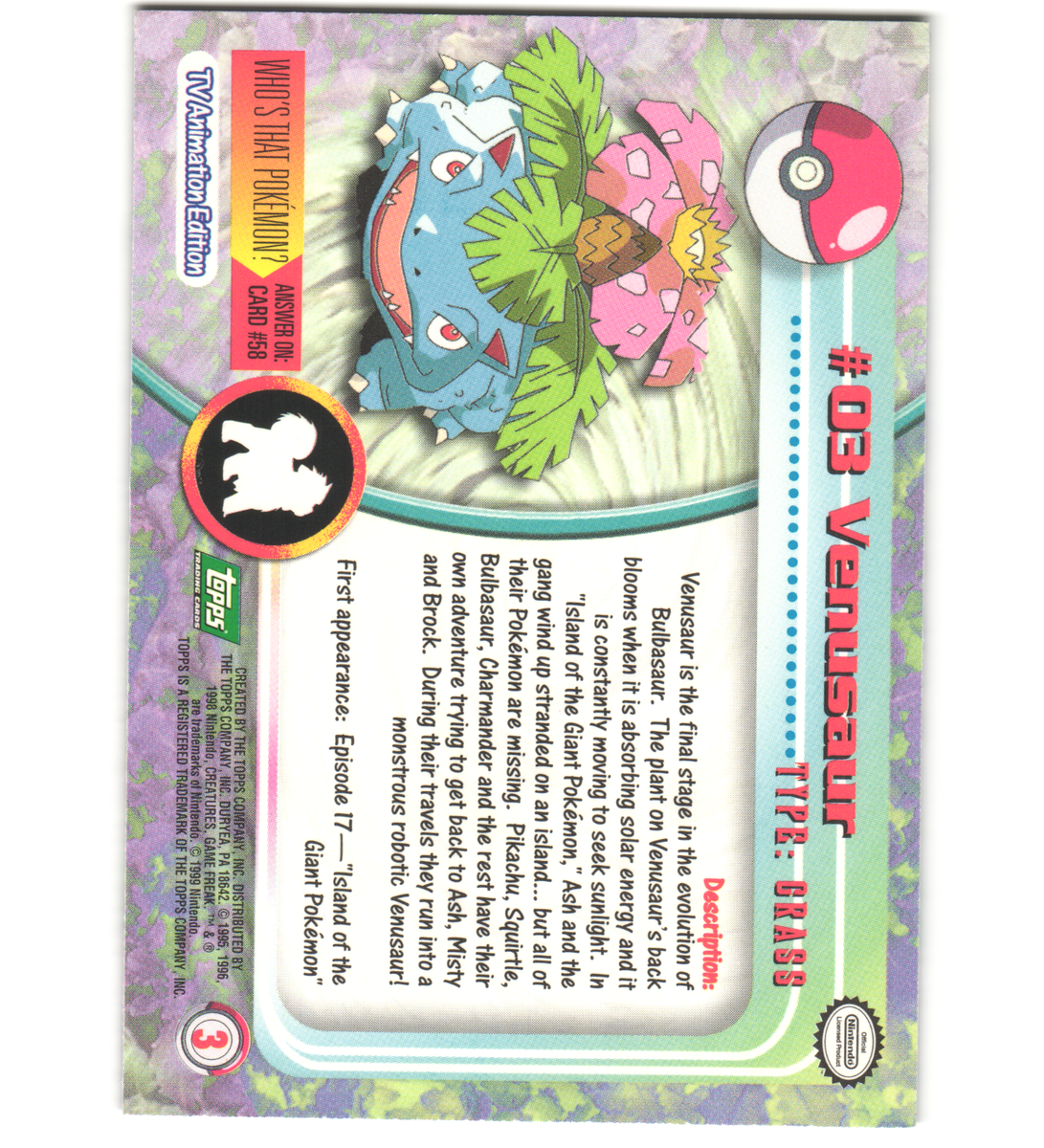 Pokemon 1999 Near Mint Topps Series 1 3rd Print Green Logo