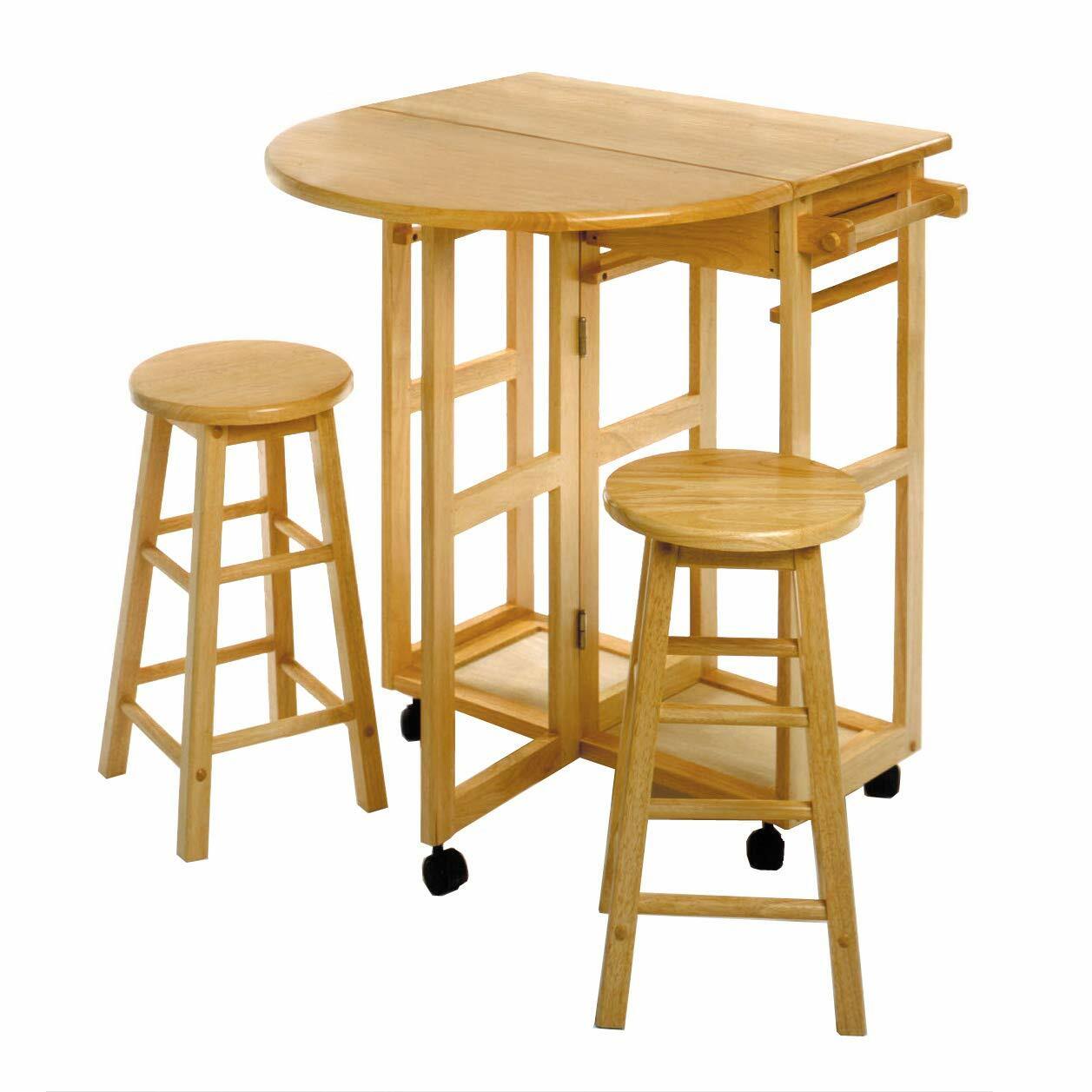 Natural Wooden Breakfast Cart Set Pub Dining Table Stools Rolling