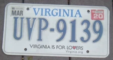 One VIRGINIA is for Lovers  license plate Your choice UVP - 9139   Free US ship