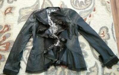 ROYAL UNDERGROUND Womens Black Leather Jacket With Feathers  - EXTRA SMALL