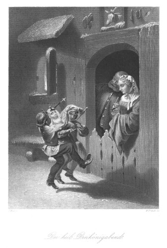 Christmas, 3 Boys as Three Kings, original steel engraving after J. Wild from 1858