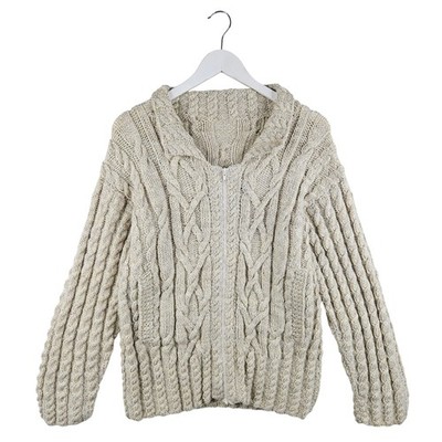 Vintage Damen Aran Strickjacke Zopfmuster durchgehender Reißverschluss Beige Größe Medium M