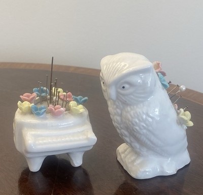 Vintage selten Klavier und Eule Nadelkissen Nähen Memorabilia Ardalt Artware Japan