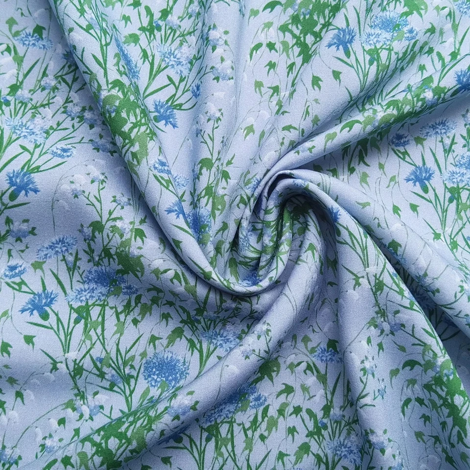 Retro Dress Material 55'' Wide By Yard Rayon Viscose Poplin Fabric Blue Floral - Image 2 of 4