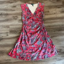 Lauren Ralph Lauren Dress Large Red Floral Faux Wrap Sheath Sleeveless V-Neck