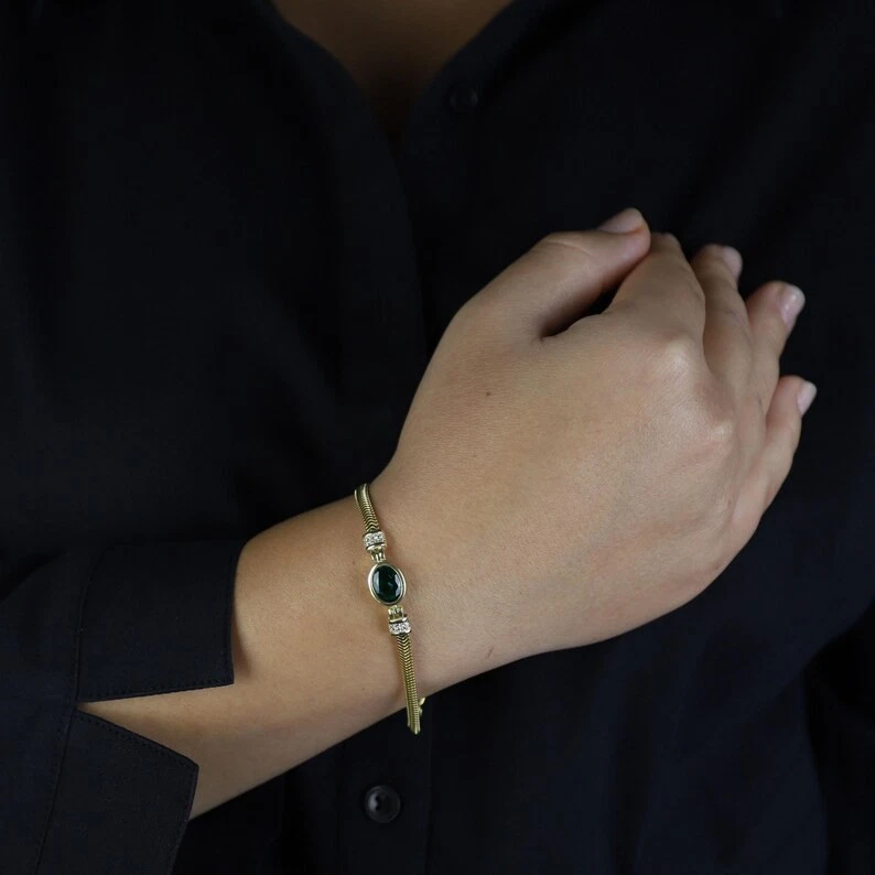 Women Emerald Herringbone Chain May Birthstone Bracelet - Image 3 of 4