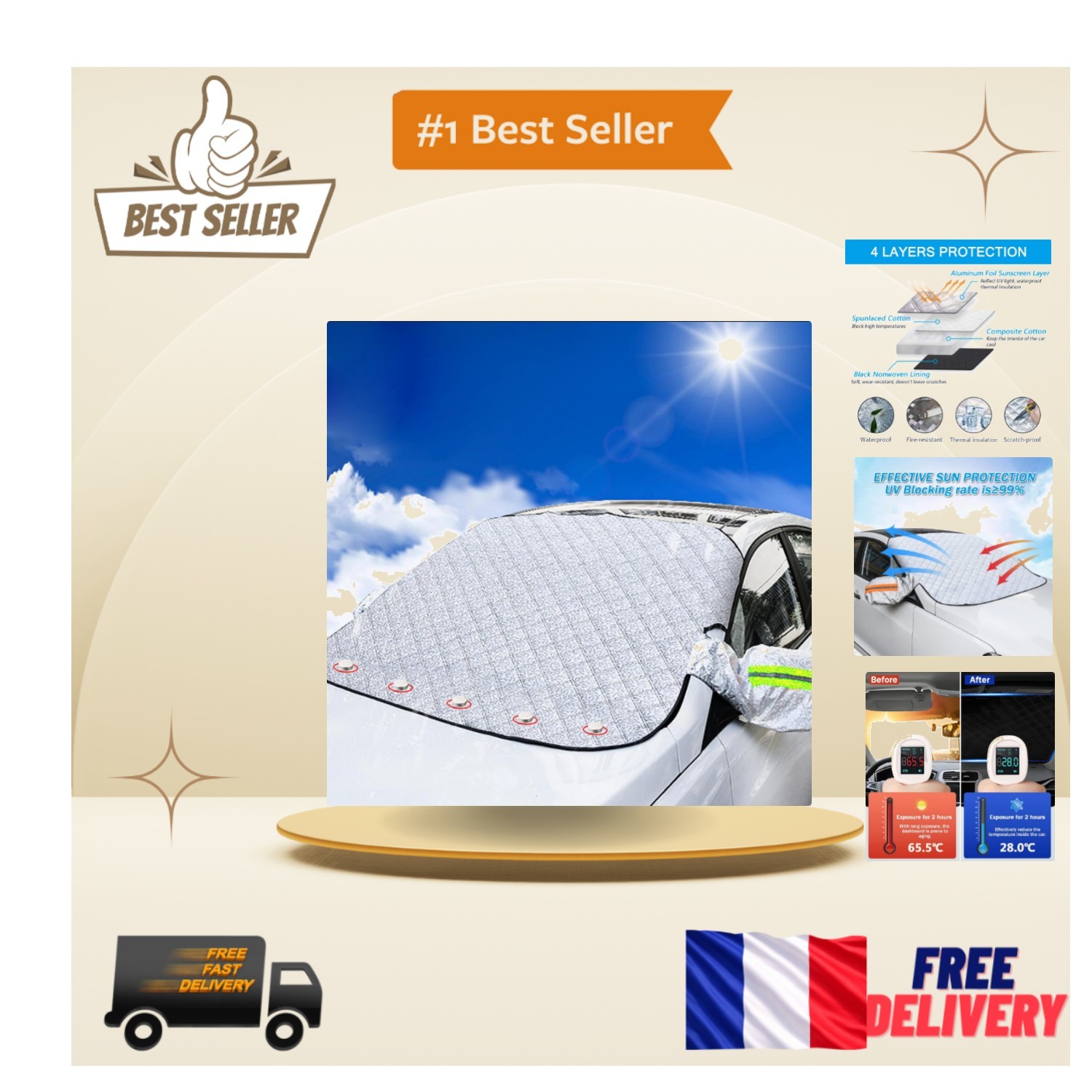Housse de pare-brise universelle 180x110 cm en bâche noire pour la protection pluie