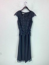 Jacques Vert Black Lace Midi Evening Dress Cap Sleeve Belted Waist UK 10 NEW