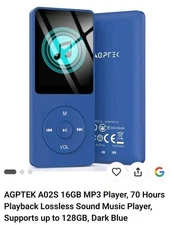 AGPTEK A02S 16GB MP3 Player with FM Radio, Voice Recorder 70 Hours Playback Blue