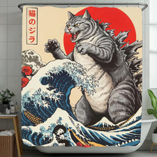 Godzilla Cat Shower Curtain - Funny Japanese Catzilla Bathroom Decor