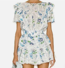LoveShackFancy XS Floral Lace Ruffle Smocked Mini Dress Flutter Sleeve