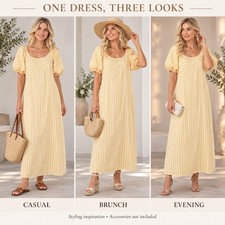Women’s Yellow White Striped Long Dress Puff Sleeve Relaxed Fit Summer Resort