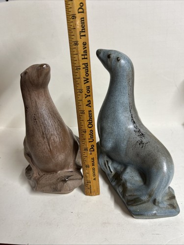 Antique Matching Pair Blue Mtn.Pottery Seal Sea Lion Figurines Brown Glaze - Picture 6 of 8