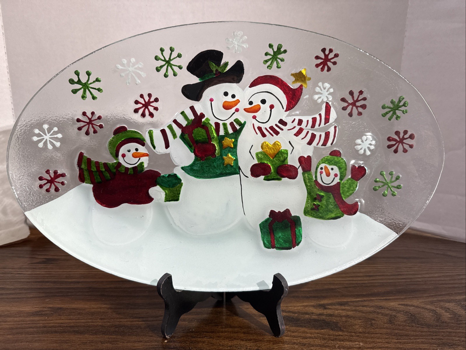 Decorative Hand Painted Oval Christmas Plate Tray Snowman Family