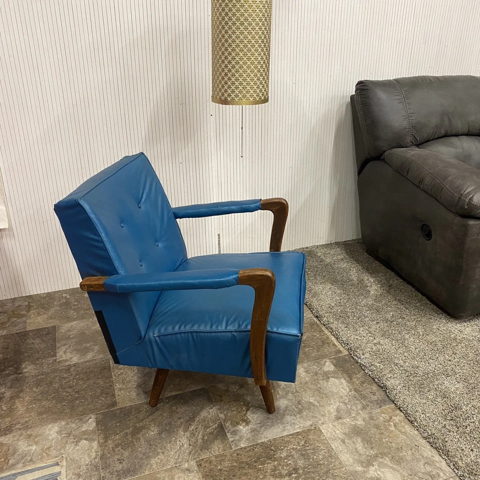 Silla Paoli vintage giratoria base de resorte vinilo azul mediados de siglo MCM acento danés Foto 2 de 4