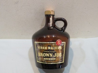 Vintage Hiram Walker's Brown Jug Bourbon Whiskey Bottle w/Lid, Partial Tax Stamp