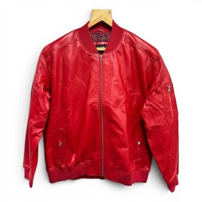 Blouson bombardier en cuir d'agneau rouge pour homme Flight Moto rétro motard... - Photo 1/4