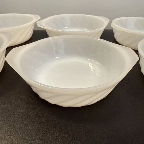 6 Vtg Anchor Hocking Fire King Small White Milk glass Swirl Casserole Dishes
