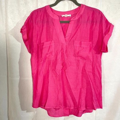 MINE Pink Textured Short Sleeve Split Neck Top Womens Size S