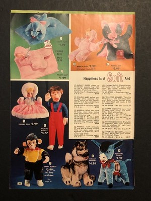 VTG 1960 s Toy Plush Happy Monkey Musical Cat Bop Bags Bozo Catalog Page Ad 0C25