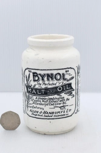 VINTAG 1900s PERFECTED BYNOL MALT & CODD LIVER OIL ALLEN & HANBURY'S LONDON POT