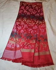 Pashmina Shawl Scarf Wrap Red with Woven Multicolor Pattern 100% Cashmere