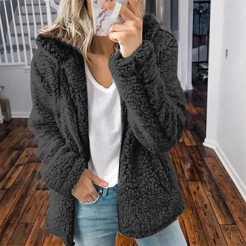 Womens Winter Teddy Bear Fluffy Coat Zip Up Cardigan Fleece Hoody Jacket Outwear - Afbeelding 8 van 34