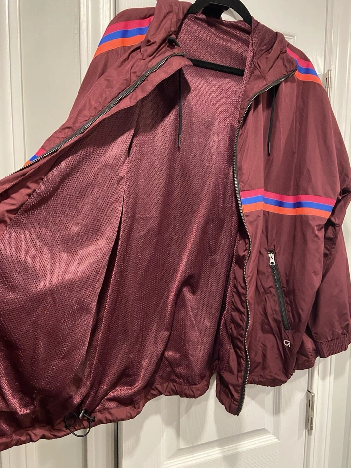 Gap бордовый неоновые полоски с капюшоном полный молнии шнурка ветровка куртка размер XL - Изображение 2 из 4