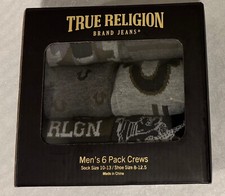 NWT True Religion Men's 6 Pack Crew Socks in box Sock Sz 10-13 Shoe Sz 8-12.5