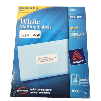 Avery White Mailing Labels 8160 Ink Jet 1''x2 5/8'' Quick Peel 2250 Labels Sealed