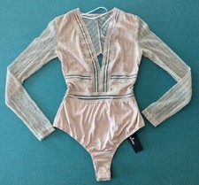 Lulus Lace Bodysuit, Tan, Lined, Open Back, V-Neck, Lace Sleeves, Juniors Small