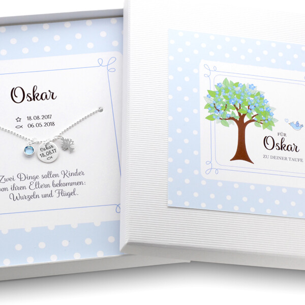 Taufkette Geschenk Junge Gravur MEINE TAUFE LEBENSBÄUMCHEN 925Silber Geschenkbox