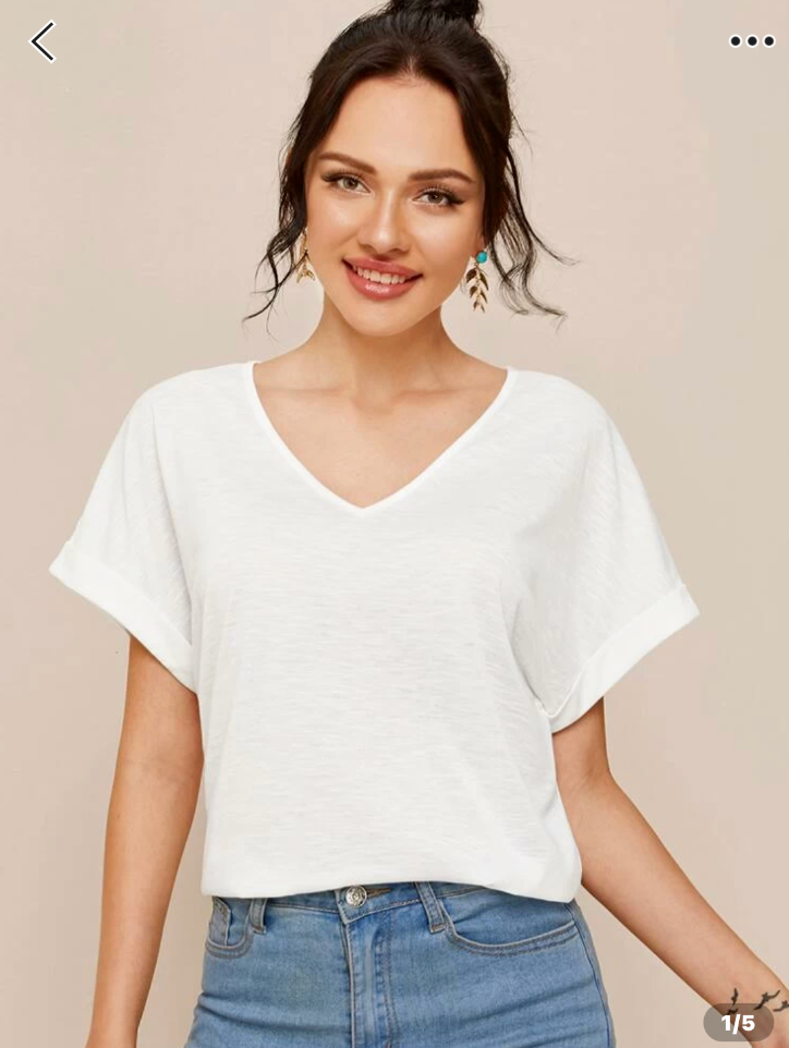 NEW! SHEIN WOMANS SZ L WHITE SHORT SLEEVE TEE T-SHIRT W CUFFED