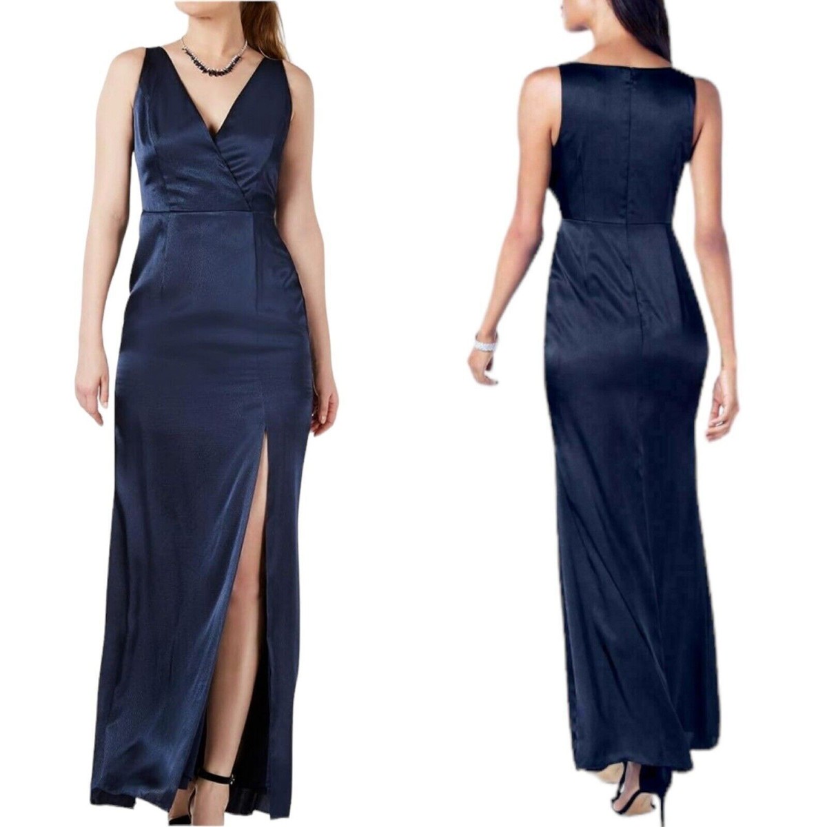 Adrianna Papell Midnight Blue Sleeveless Hammered Satin Gown Dress Size 10  NWT
