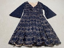 NWT Eliza J Womens sz 8 Dress Blue Lace Bell Sleeve Fit & Flare Lined Geometric