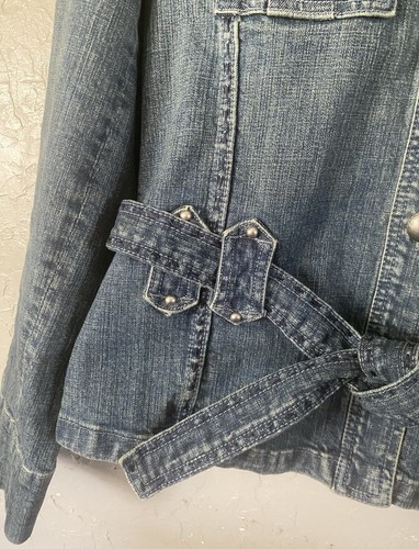 Y2K Belted Denim Jacket Y2K Women’s Sz L Minimalist Grunge VTG Moto - Picture 5 of 12