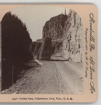 Horseback Golden Gate & Signs Yellowstone Park WY Keystone Stereoview 1897