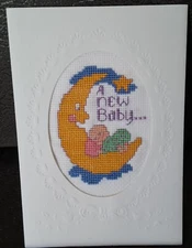 Completed/Finished Cross Stitch: Tri-fold Card with Envelope: "A New Baby"