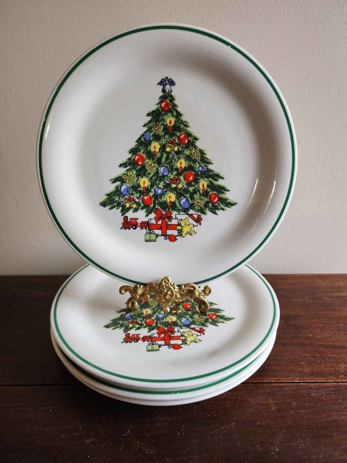 Set Of 4 Lynns Stoneware Christmas Tree Holiday Multicolor 10-1/2