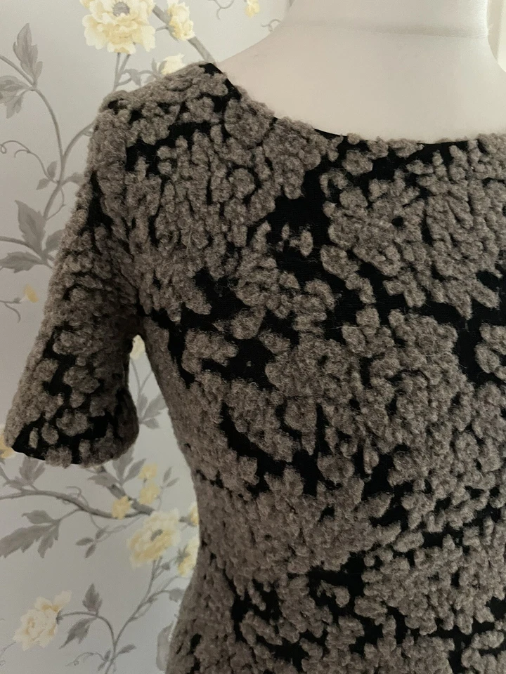 Phase Eight Flocked Straight Shift Dress Size 8 Black & Beige Wool Blend Office - Image 2 of 4