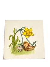 RARE VTG Hallmark CUTE Mouse Baby Acorn Swing Flower MINI Greeting Card 15GE7463