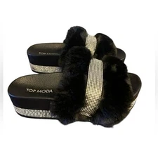 Top Moda slides size 5 black faux fur slip on sandals w/silver PERFECT 🖤🖤🖤