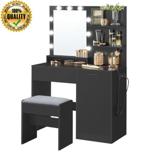 Vanity Makeup Desk W/ Mirror LED Lights Power Outlets Storage Drawer Stool New