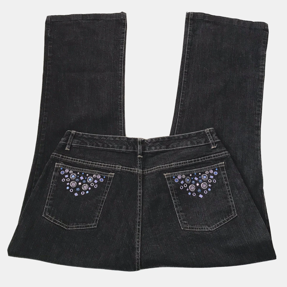 Denim Company Jeans Bootcut Black Embroidered Stretch High Rise W30 Cowgirl