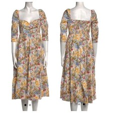 Reformation Countryside Midi Dress Floral Printed Cotton Yellow Elbow Sleeve 6