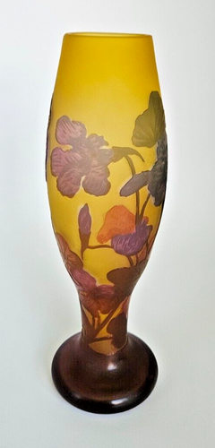 GALLE Reproduction Cameo Art Glass Vase Flowers Purple Yellow Orange Signed 9.5” - Picture 4 of 11