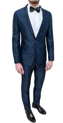Elegante abito uomo Diamond sartoriale blu raso lucido vestito smoking  cerimonia | eBay