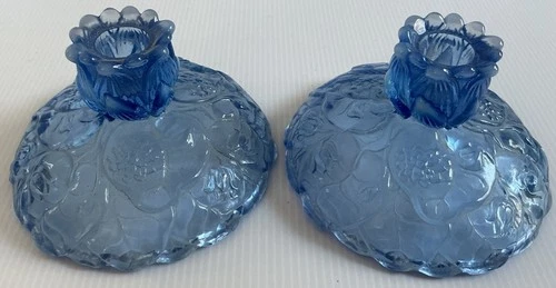 2 Vintage Fenton Glass Blue White Water Lily Candlestick Holder Set 3.5x5.25”