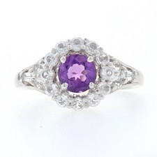 Sterling Silver Amethyst  White Quartz Flower Halo Ring - 925 Round Cut 1.30ctw