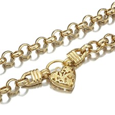 18K GL Thick Solid Belcher Yellow Gold Necklace Filigree Heart Padlock